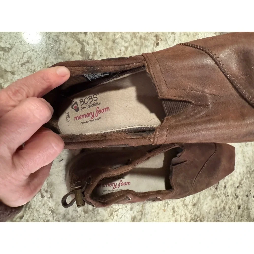 Skechers BOBS Brown Leather Faux Fur Lined Memory Foam Loafers Womens 9.5 - Picture 8 of 10